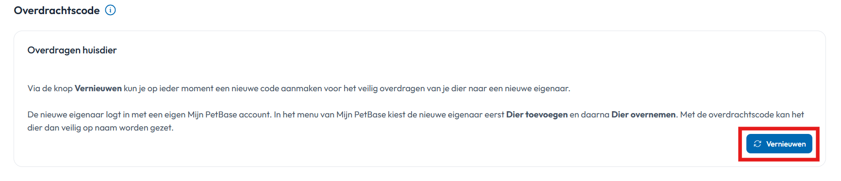 Overdrachtscode vernieuwen