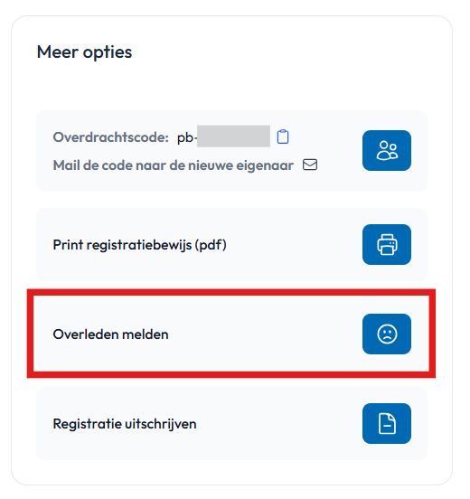 Meer opties Overleden melden in dierkaart