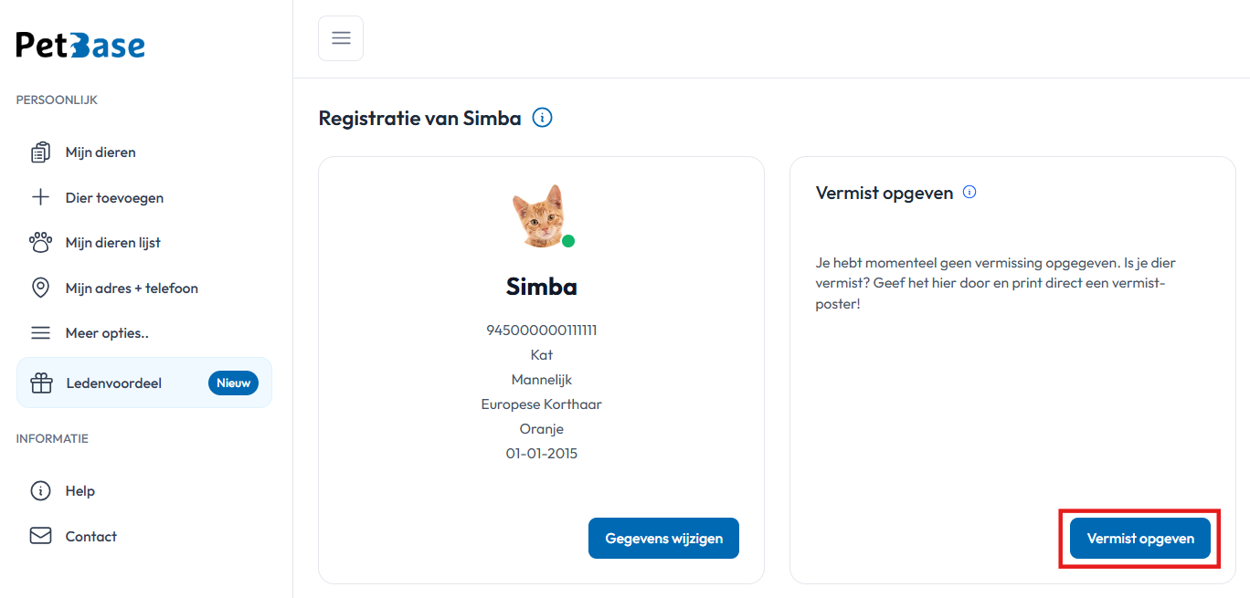 Dier vermist opgeven