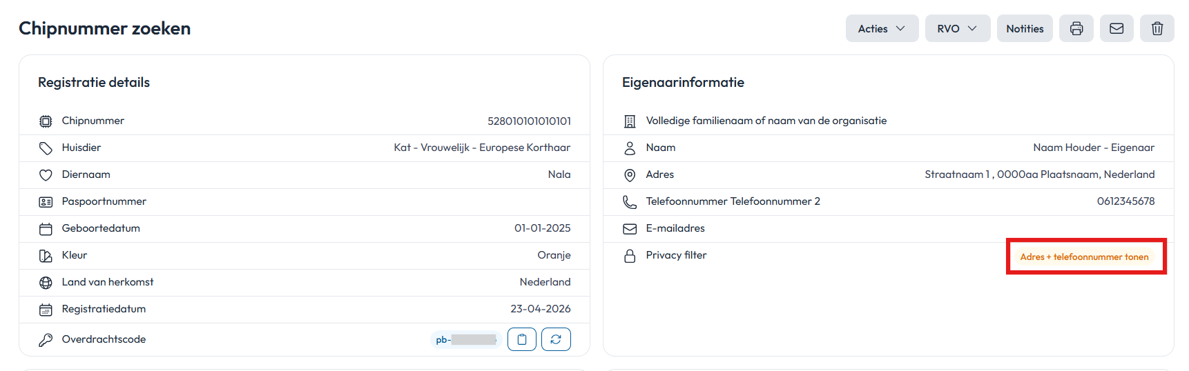 Registratie eigenaarinformatie zichtbaar