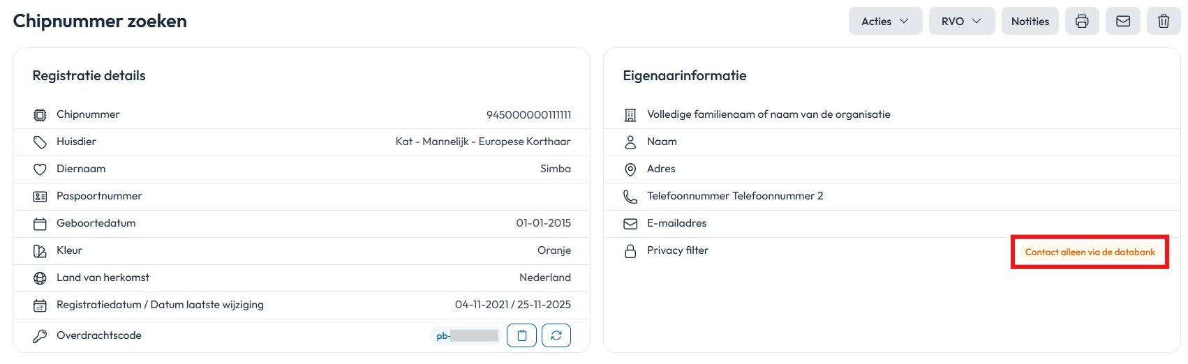 Registratie eigenaarinformatie afgeschermd