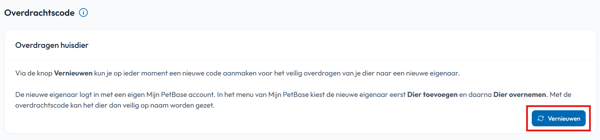 Overdrachtscode vernieuwen