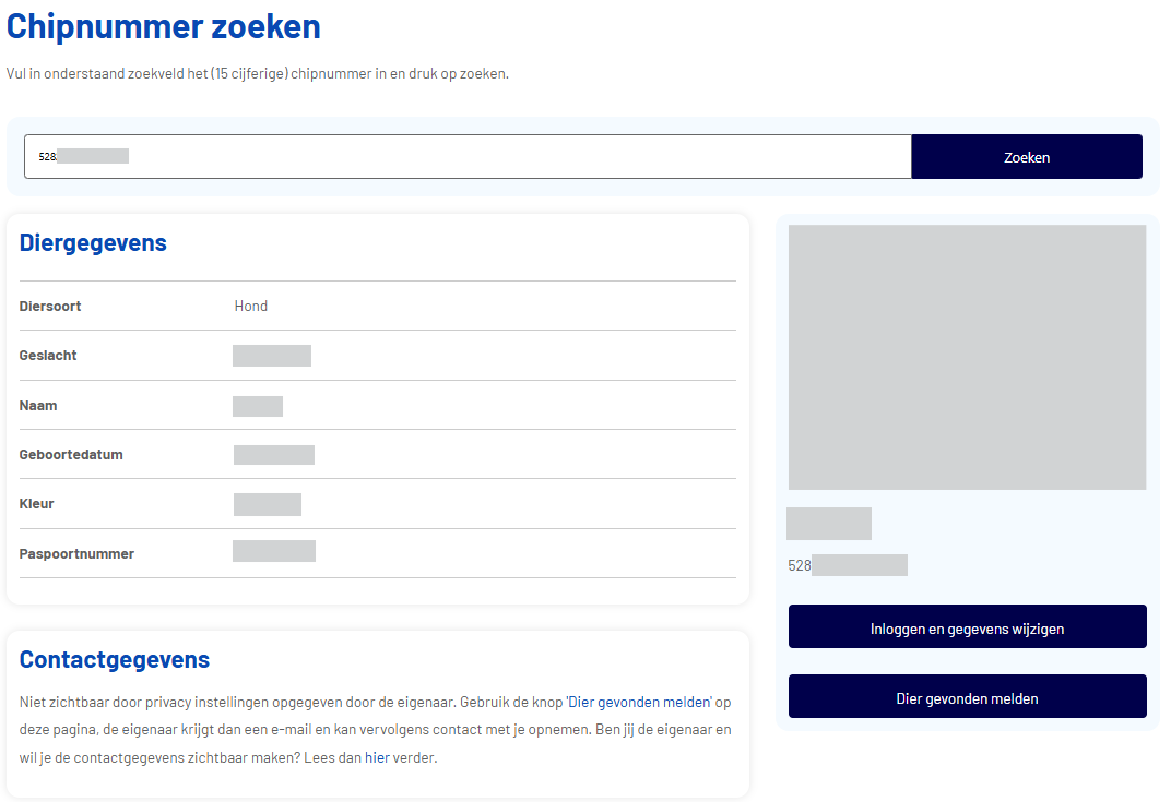 chipnummer zoeken eigenaarsgegevens afgeschermd