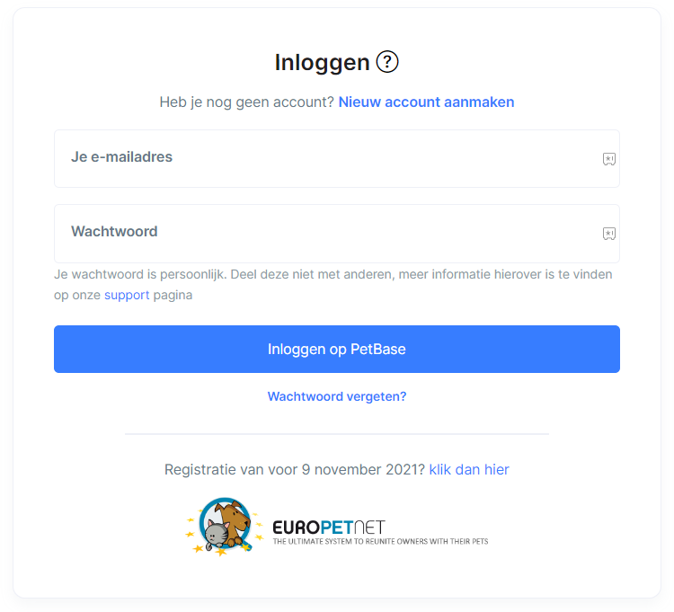Inloggen op PetBase