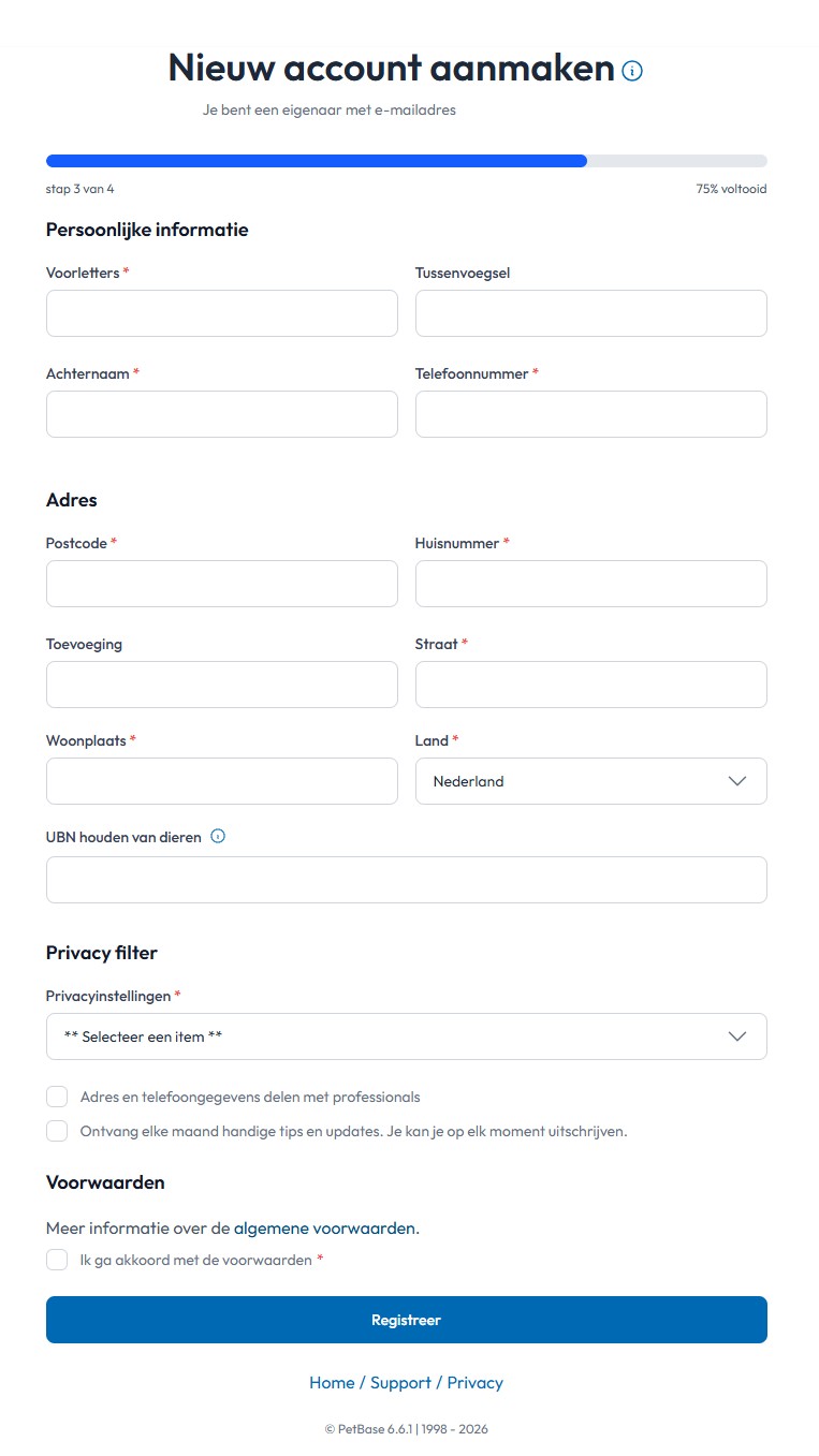 Nieuw PetBase account gegevens invullen