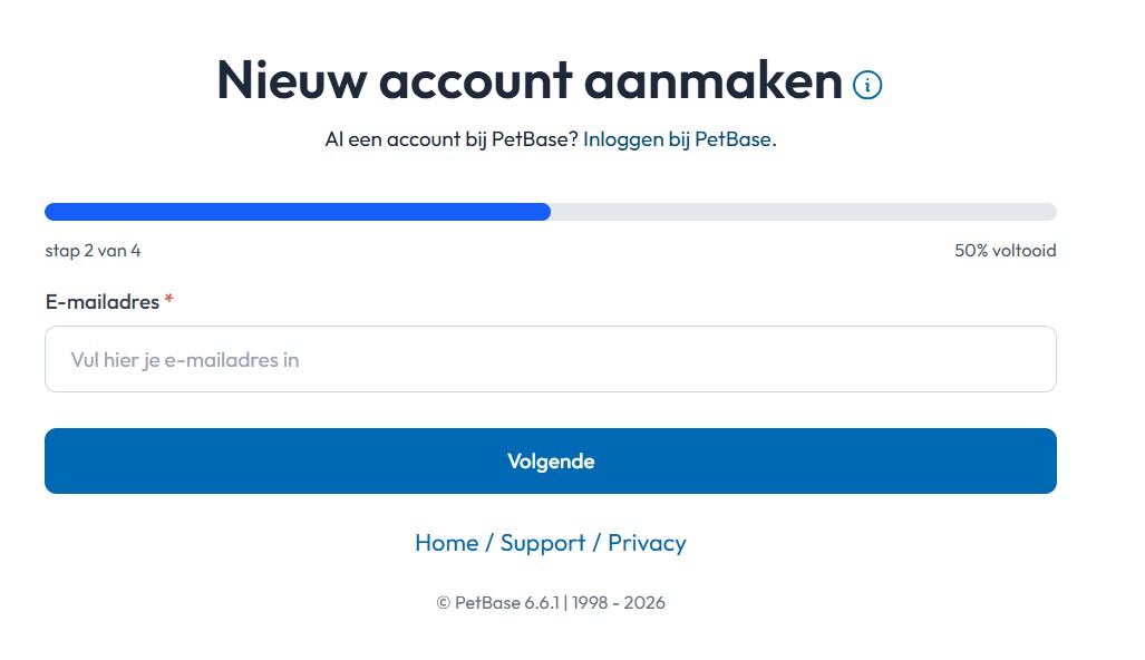Nieuw PetBase account aanmaken e-mailadres