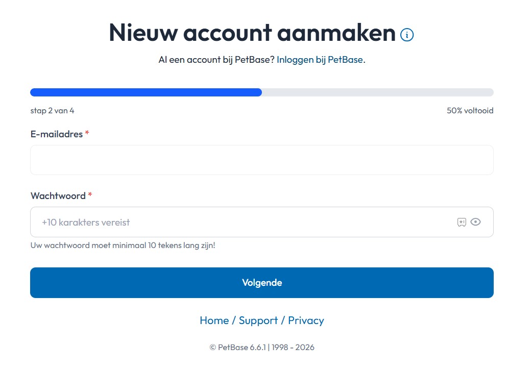 Nieuw PetBase account aanmaken wachtwoord