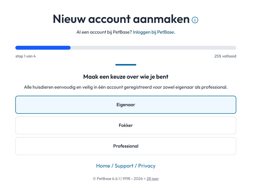 Nieuw PetBase account aanmaken eigenaar