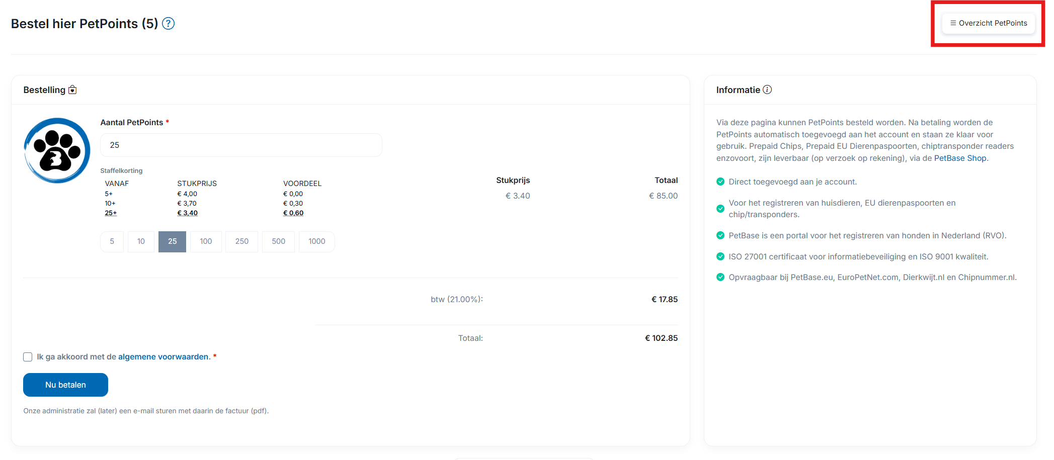 Overzicht PetPoints bij bestellen