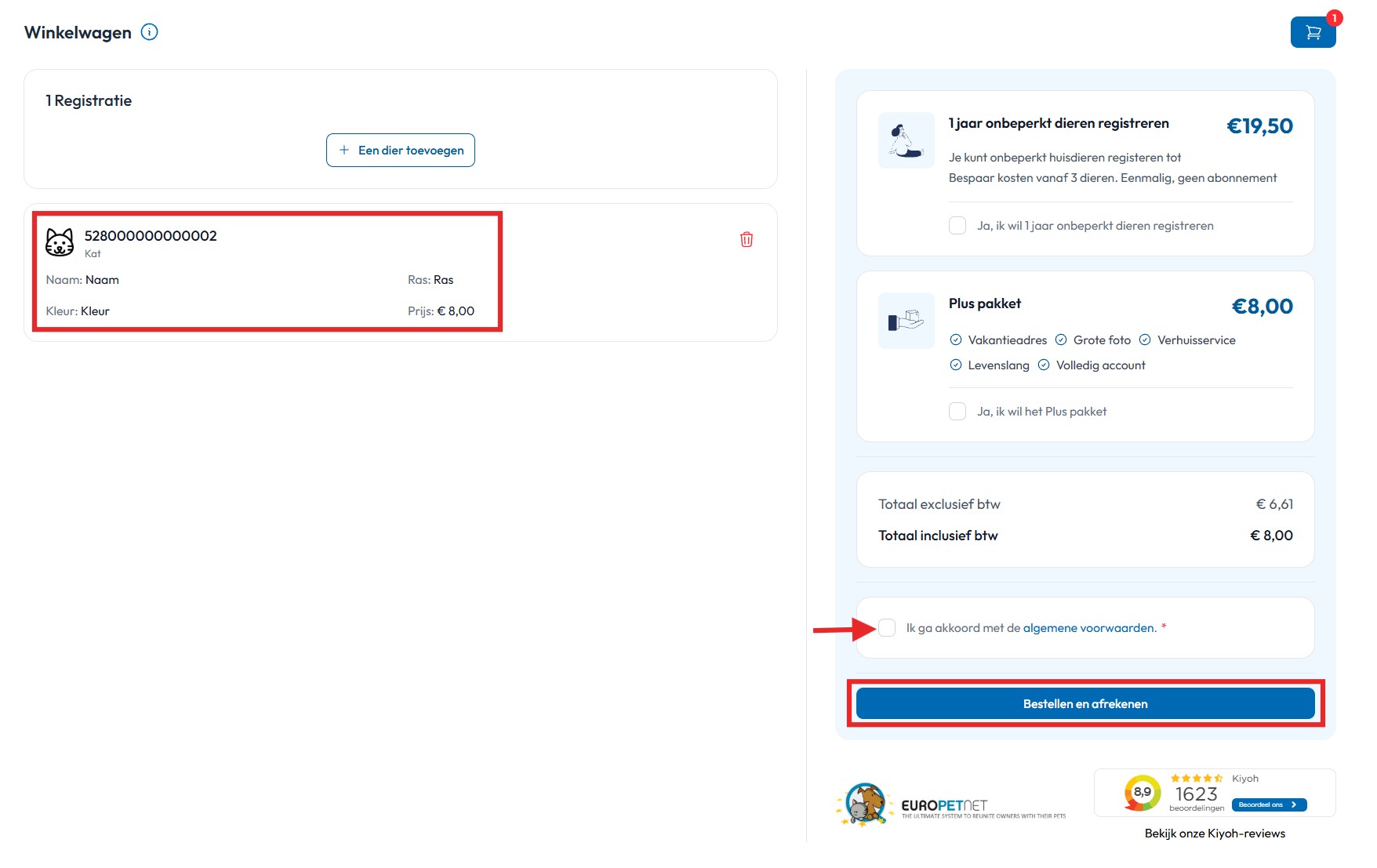 Winkelwagen PetBase registratie betalen