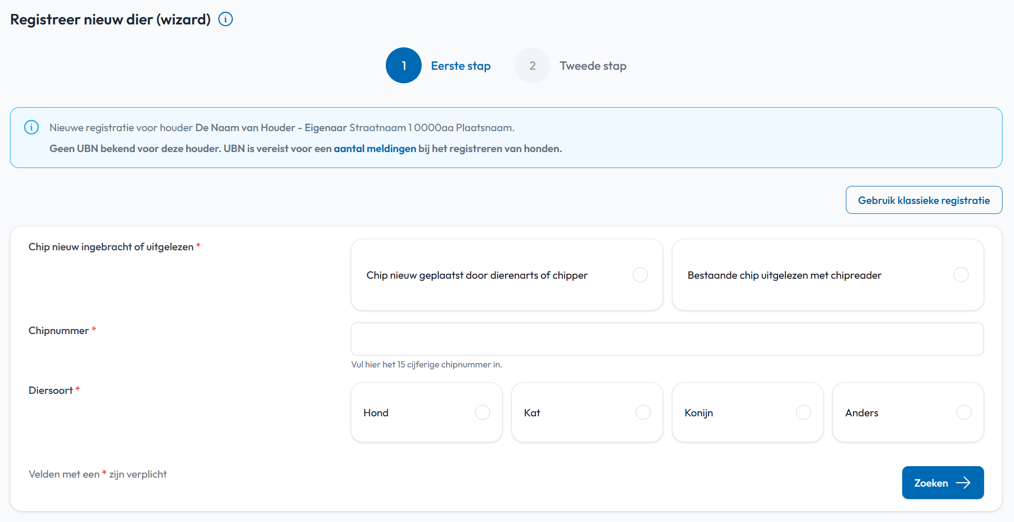 Eerste stap dier registreren