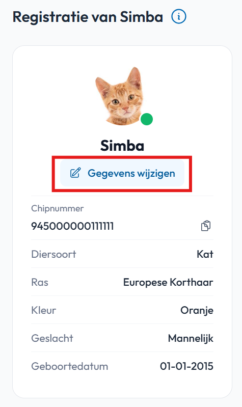 Gegevens wijzigen in dierkaart