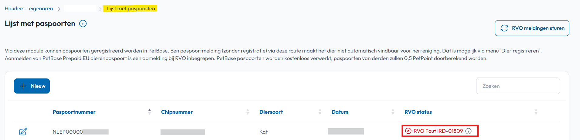 Houderkaart paspoorten RVO status