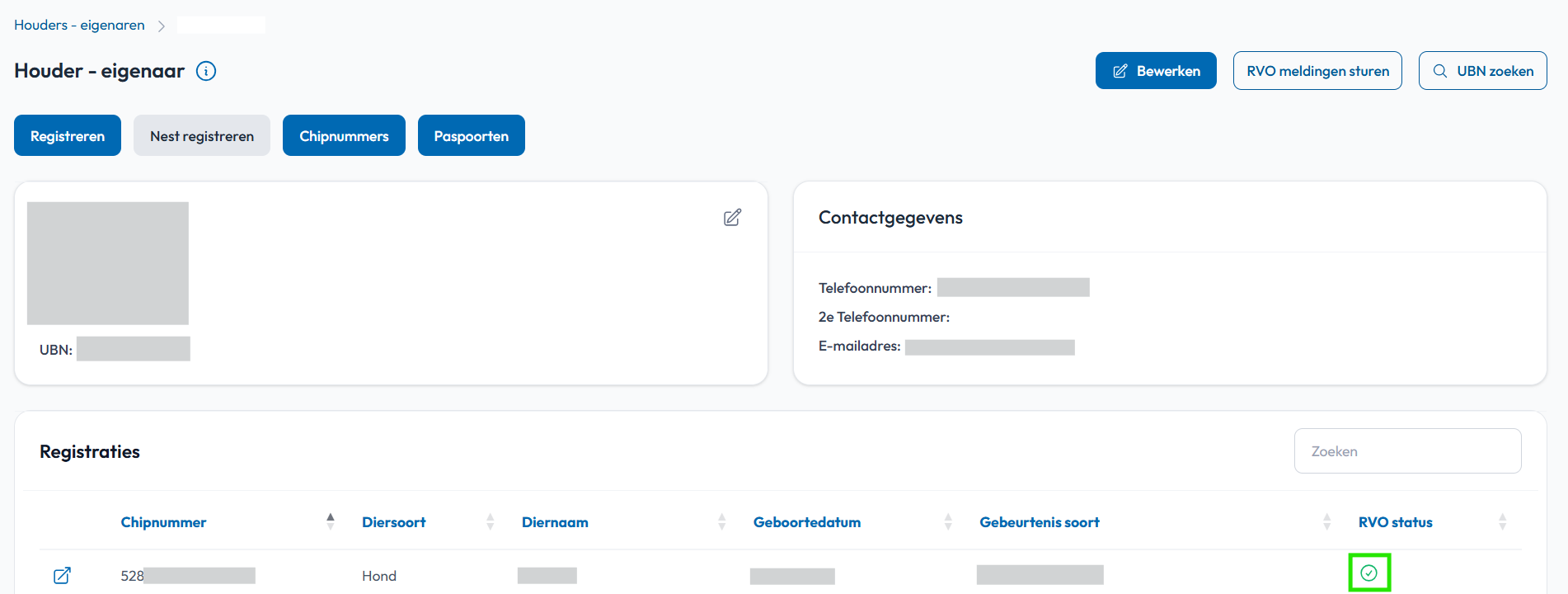 Houderkaart registraties RVO status