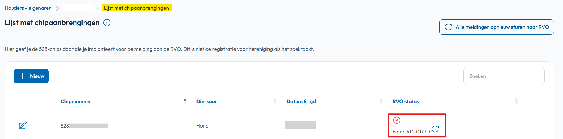Houderkaart chipaanbrengingen RVO status