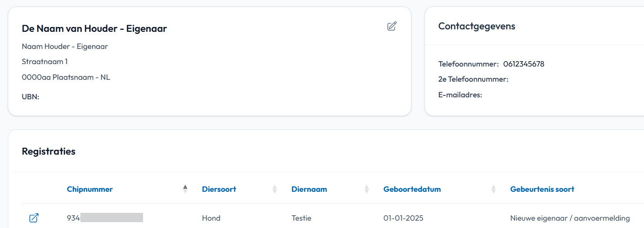 Dier geregistreerd in houderkaart