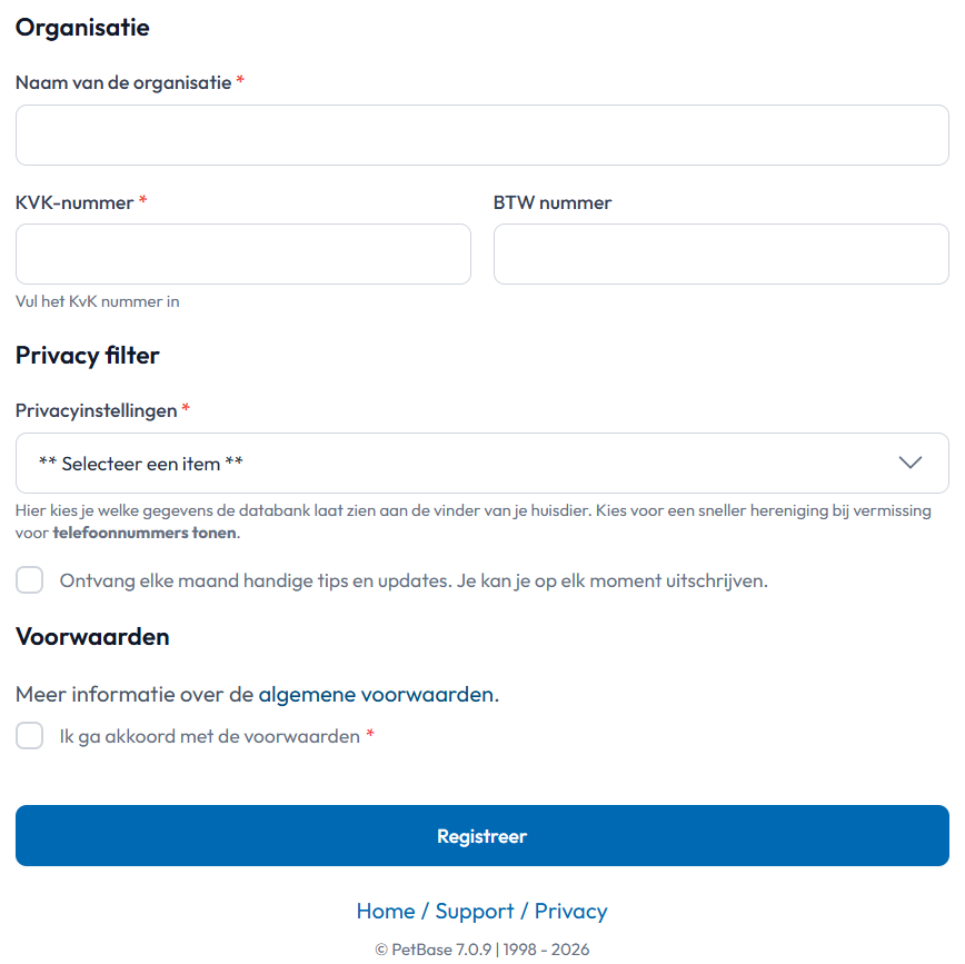 Organisatiegegevens en privacy filter