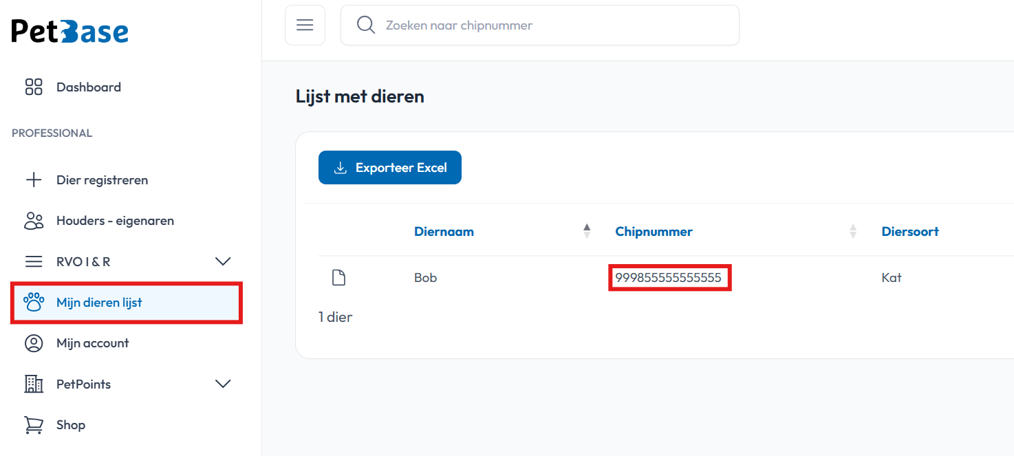Mijn dieren lijst chipnummer openen