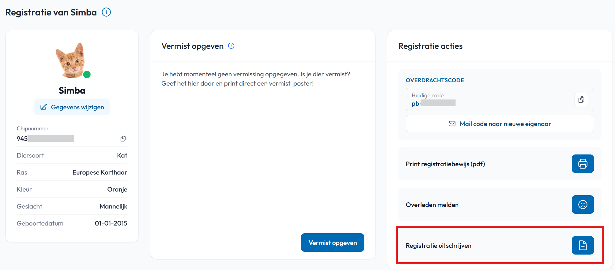 Registratie uitschrijven uit PetBase