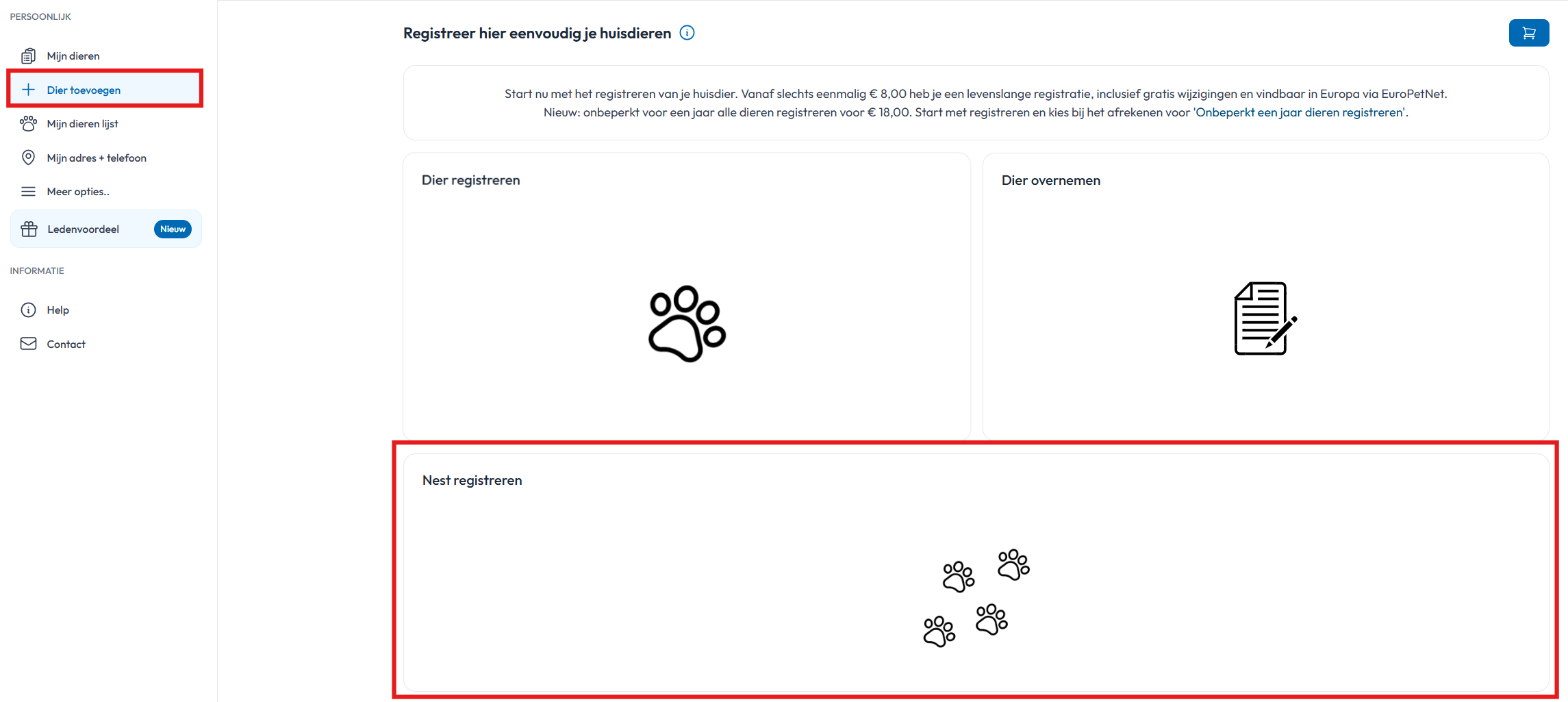 Dier toevoegen nest registreren
