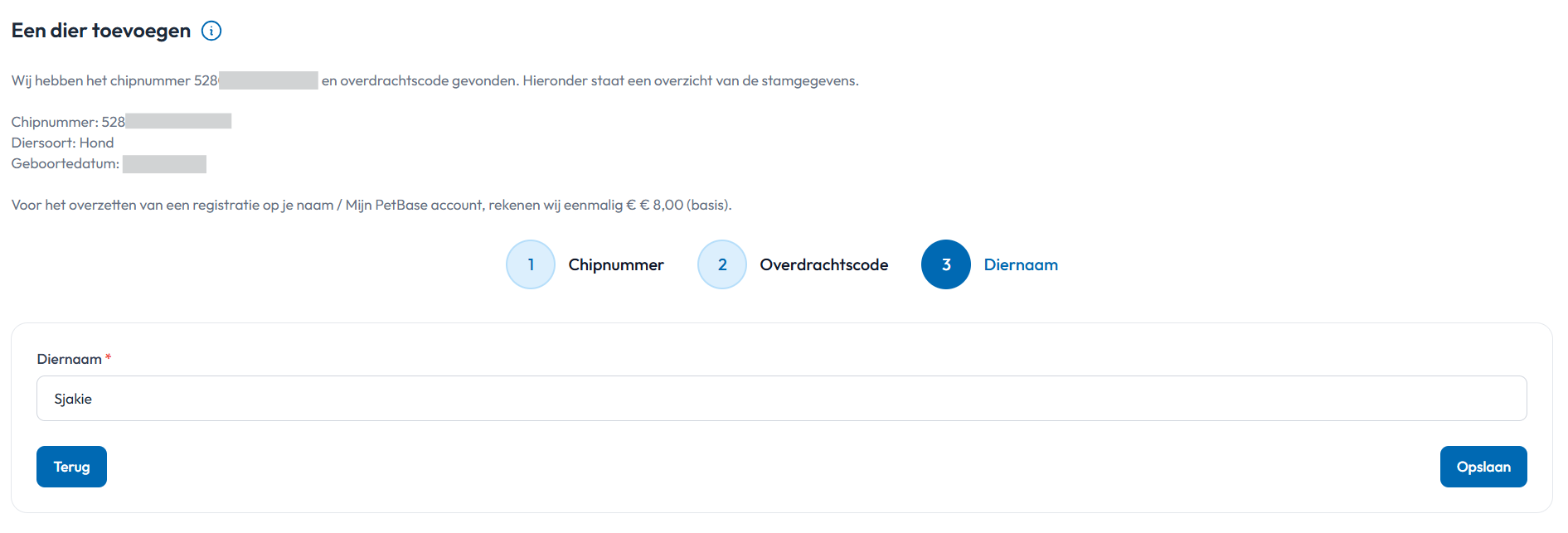 Diernaam invullen dier overnemen