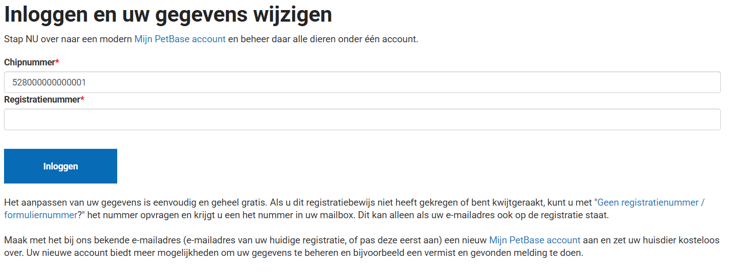 Inloggen oude omgeving PetBase