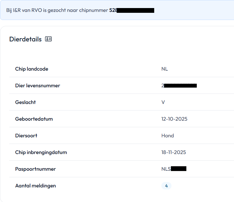 Informatie van RVO dierdetails hond