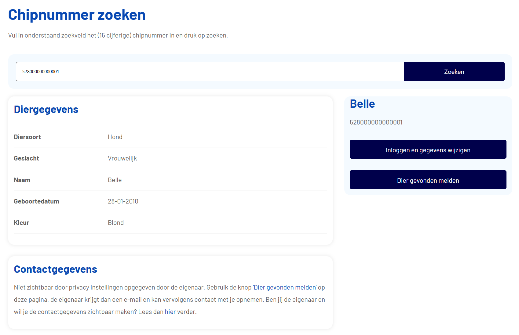Registratie van dier