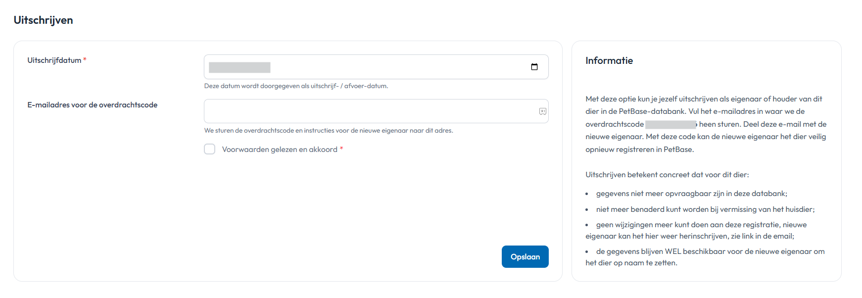 Registratie uitschrijven en overdrachtscode mailen