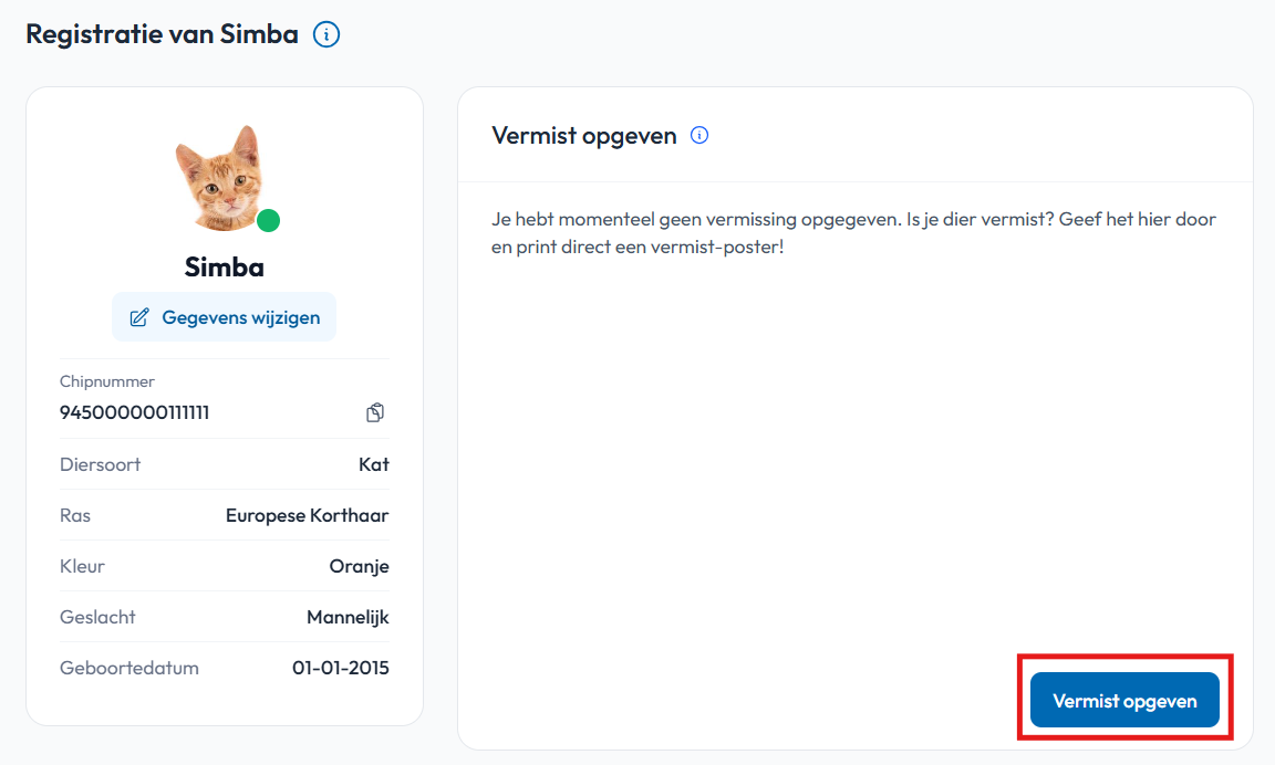 Dier vermist opgeven