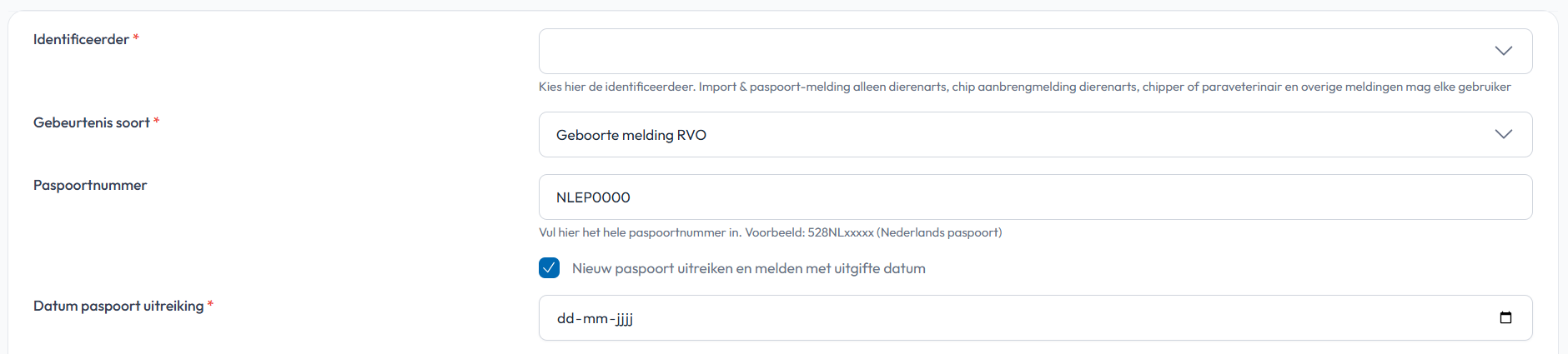 Paspoort melden tijdens registratie