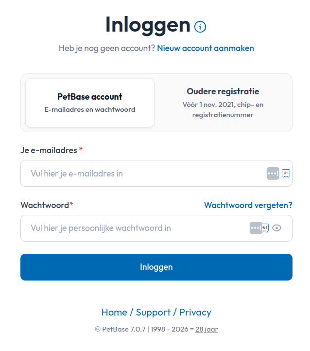 Inloggen in PetBase
