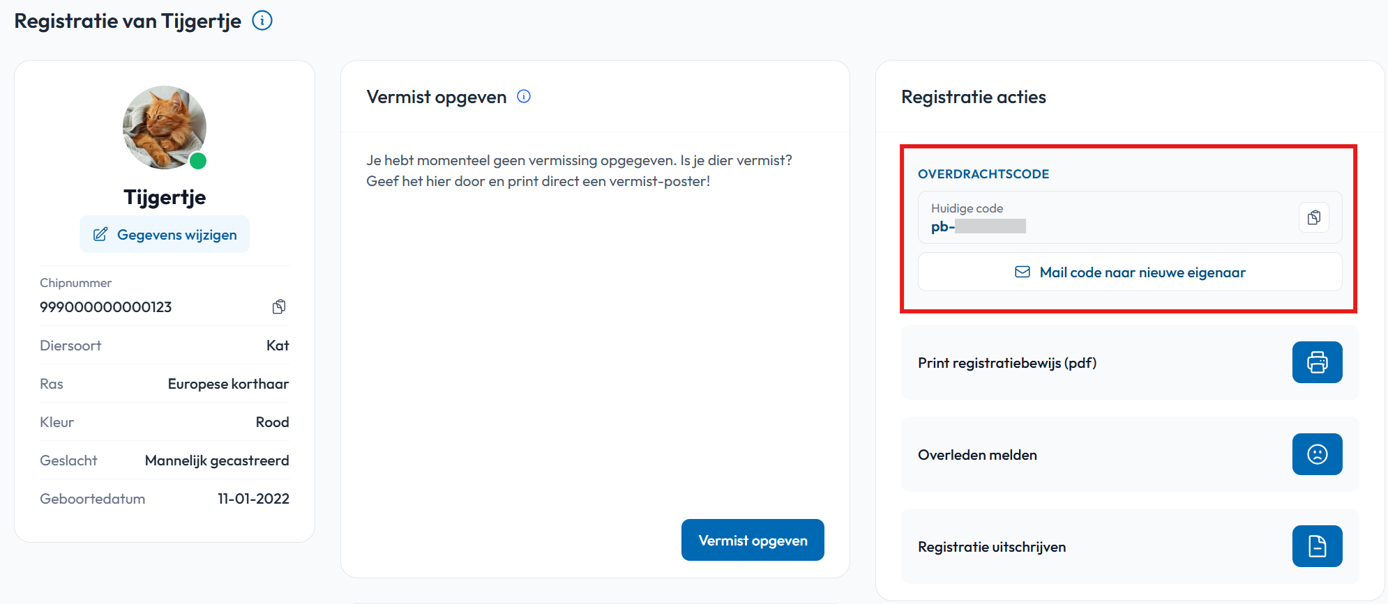 Overdrachtscode sturen