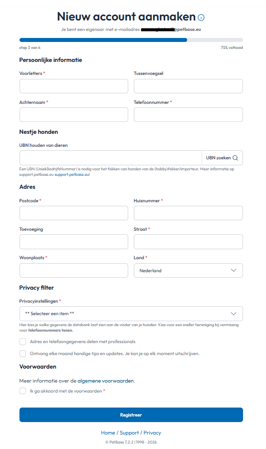 Nieuw PetBase account aanmaken eigenaar